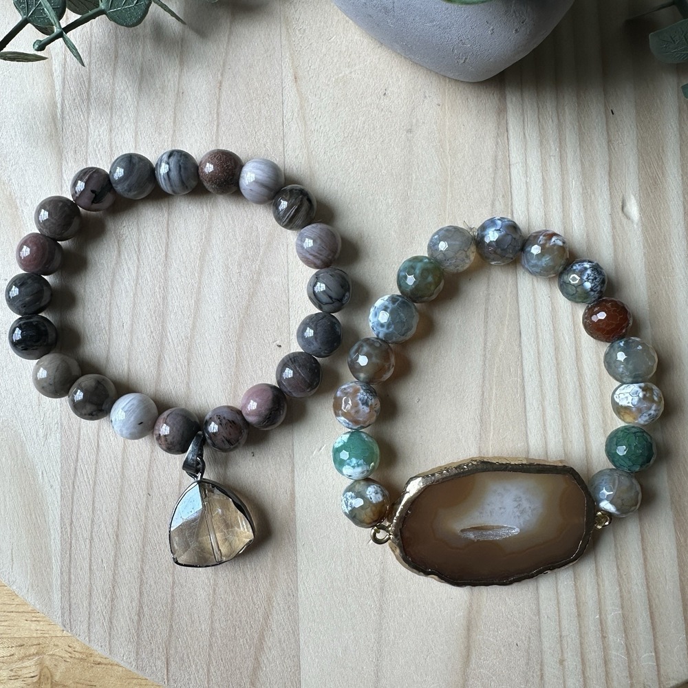 Two Stretchy‎ Bracelets Smoky Quartz Agate Stones Gemstones Petrified Wood Beads